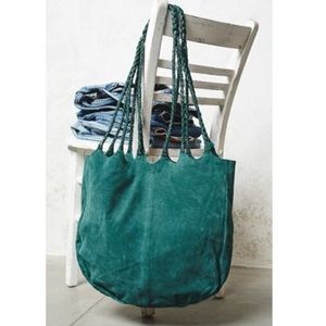 Free People turquoise/green suede tote. The tote without the handles is 17x15.